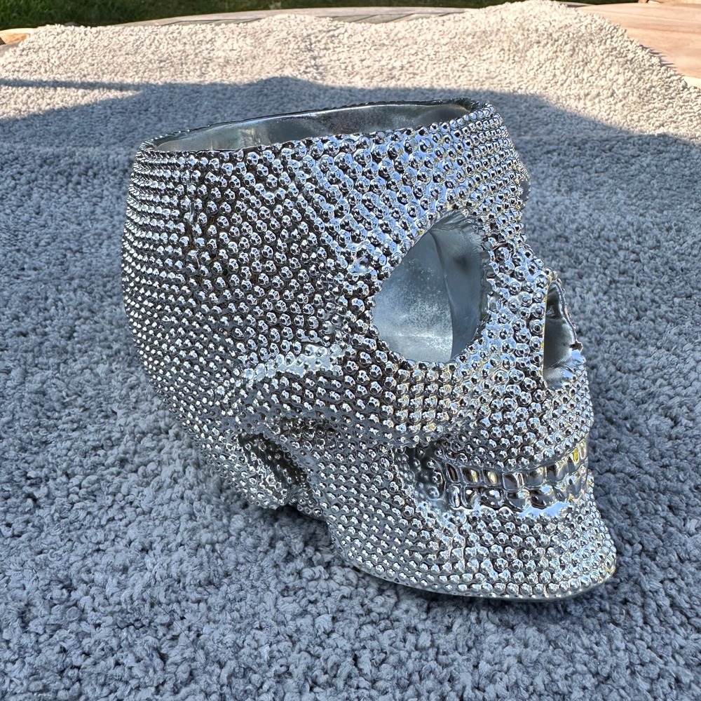 Silver Rhinestone Skull Makeup Brush Holder Glam Gothic Vanity Desk Organizer